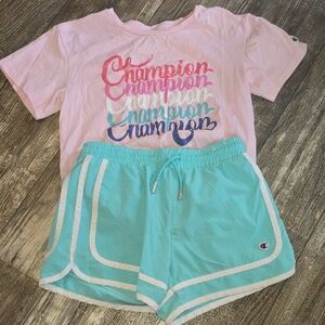 Champion Pastel Pink Tee and Aqua Shorts